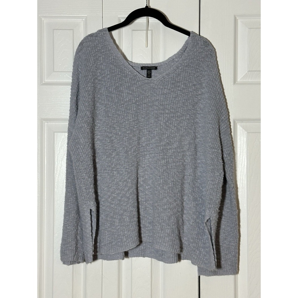 $228 Eileen Fisher Women's Blue Organic Cotton Boxy V-Neck Sweater Size M